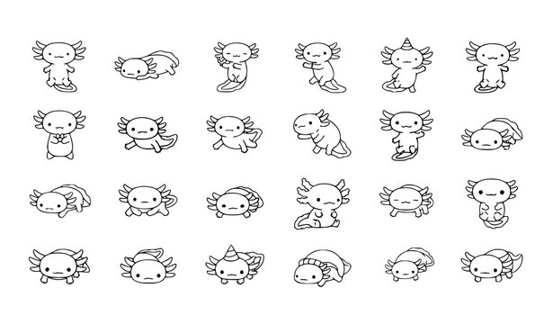 Charming collection of adorable axolotl line art illustrations a whimsical and playful aquatic creature pattern design