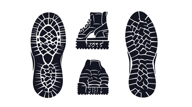 Silhouetted illustrations of hiking boot tread soles and a side view of a boot