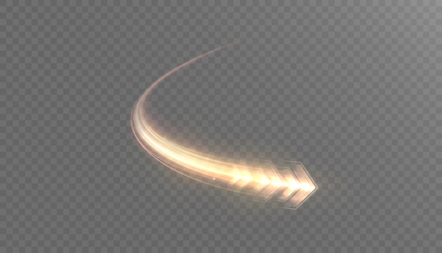 Bright yellow glowing arrow with light rays and high-speed flow effect on transparent background. Vector