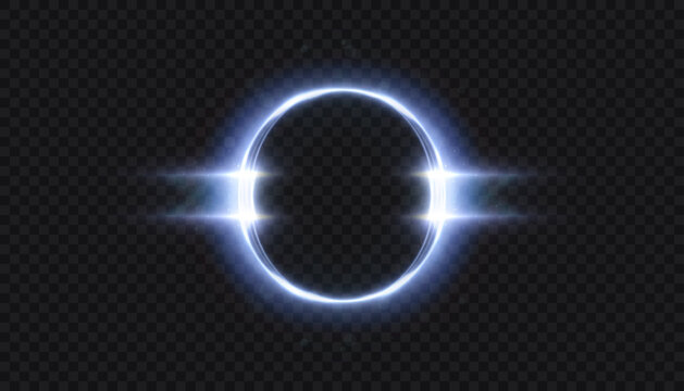 Glowing circular portal gate with bright side flares on transparent background. Futuristic space gateway ring with symmetric light beams vector.