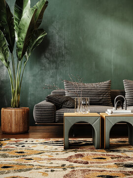 Modern interior design with empty green wall background. Contemporary home design. 3D Rendering, 3D Illustration