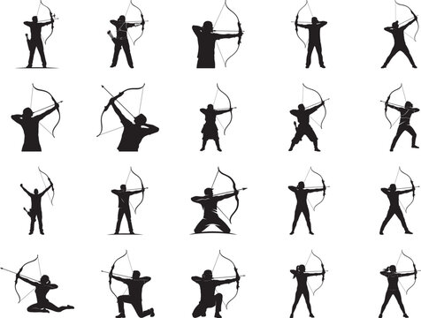 Archery Silhouette Collection Diverse Poses of Archers Drawing Bows