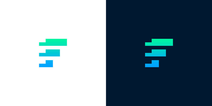 Abstract letter F logo design concept, featuring a gradient from blue to green in stacked rectangular shapes, symbolizing data, digital progress, and technology for modern branding