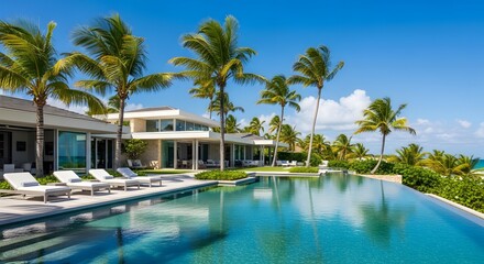 Obraz premium Luxurious tropical resort-style residence featuring a pristine infinity swimming pool surrounded by towering palm trees and breathtaking ocean views, perfect for an exclusive escape