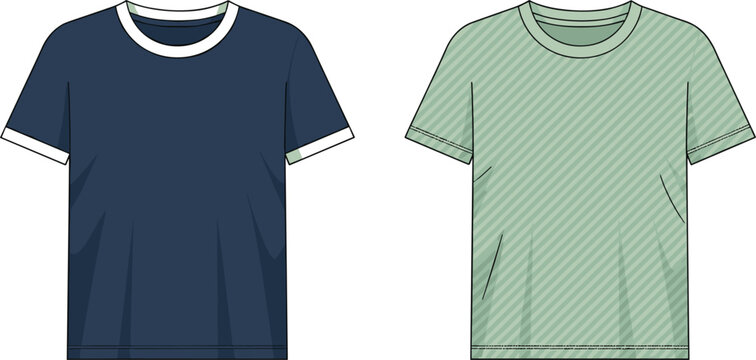 Men's Crew Neck T-shirt Technical Flat Sketches Featuring Ringer Detail and Diagonal Striped Pattern for Fashion Design Tech Packs and Apparel Manufacturing Templates