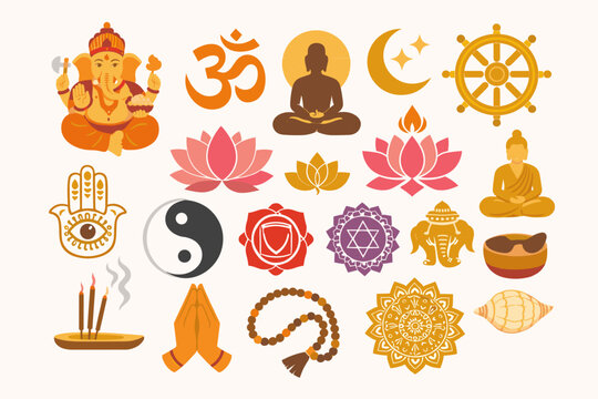 Comprehensive Collection of Hindu and Buddhist Spiritual Symbols Featuring Lord Ganesha, Om, Buddha, Lotus Flowers, Dharma Wheel, Hamsa Hand, Yin Yang, Chakras, Mala Beads, and Sacred Mandalas