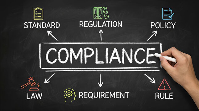 Chalkboard illustration defining the comprehensive framework of business compliance, encompassing laws, regulations, policies, and standards