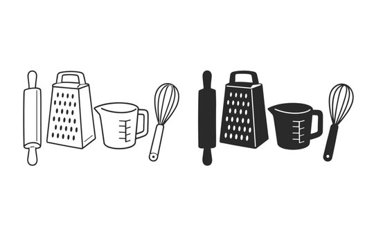 Hand Drawn Kitchen Utensil Vector Set Featuring Rolling Pin, Cheese Grater, Measuring Cup, and Whisk in Outline and Silhouette Styles for Cooking, Baking, Culinary, and Restaurant Design Projects.