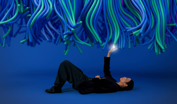 3D network signal reclining woman touching overhead cable