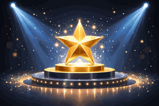 Elegant 3D Golden Star on a Tiered Podium with Sparkling Decorations and Bright Blue Spotlights. Perfect for Award Ceremonies, Achievement Celebrations, Success Recognition, and Stage Events.