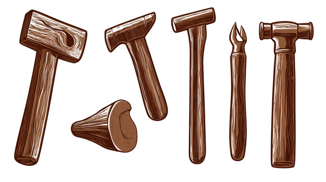 Artistic depiction of various hand tools, including mallets, a chisel, and a wedge, in a detailed woodcut style