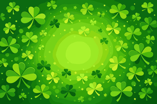 St. Patrick's Day Festive Green Background with Floating Three-Leaf Shamrocks and Clovers, Symbol of Good Luck, Irish Holiday Celebration Vector Illustration with Copy Space and Glowing Stars.