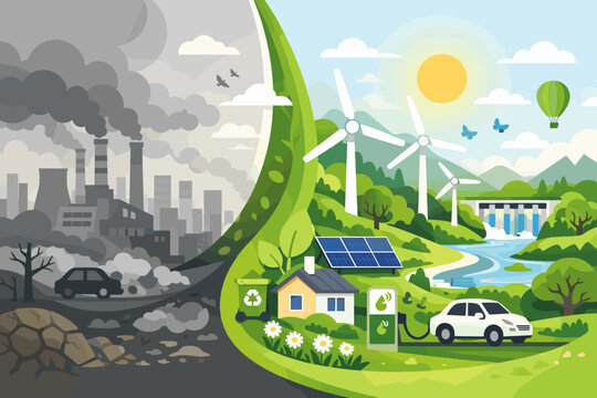 Green energy transition from industrial pollution to sustainable eco-friendly world with wind turbines, solar panels, electric cars, and clean power production for a healthy future planet.