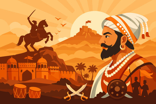 Chhatrapati Shivaji Maharaj Jayanti Vector Illustration Featuring the Maratha Warrior King, Silhouette on Horse, Raigad Fort, Swords, and Shield in a Vibrant Flat Style for Indian History Theme