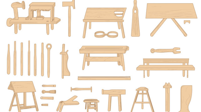 Collection of various wooden tools and equipment displayed against a plain background