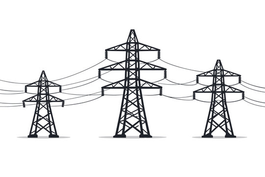 High Voltage Power Transmission Towers with Electrical Lines, Electricity Grid Infrastructure Vector Illustration Isolated on White Background. Industrial Energy Supply and Distribution Pylons.