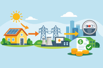 Fototapeta premium Solar energy export to power grid and net metering billing credit workflow illustration showing a house with solar panels, electricity pylons, power plant, smart meter, and utility bill savings.