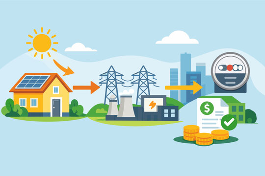 Solar energy export to power grid and net metering billing credit workflow illustration showing a house with solar panels, electricity pylons, power plant, smart meter, and utility bill savings.