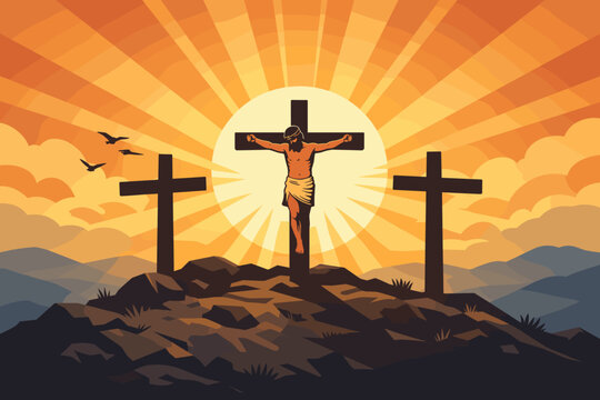 Crucifixion of Jesus Christ on Calvary Hill with Three Crosses and Sun Rays, Christian Easter and Good Friday Illustration Symbolizing Faith, Sacrifice, and Redemption in a Vector Art Style.