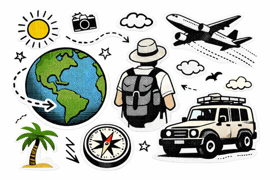 Retro travel and tourism halftone collage set with paper cut out stickers including Earth globe, anonymous tourist backpacker, airplane, off-road car, compass, camera, sun, and tropical palm tree.