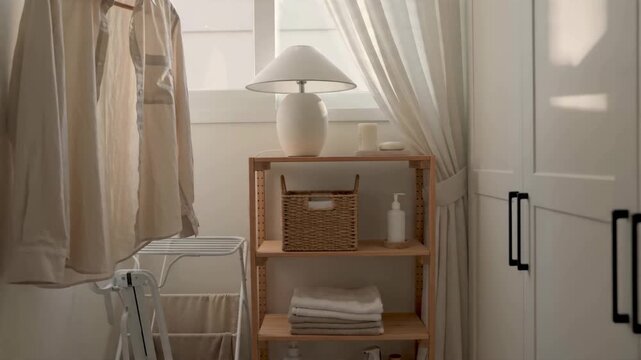 Minimalist Home Interior Showing Laundry and Storage Area with White and Neutral Tones, Featuring