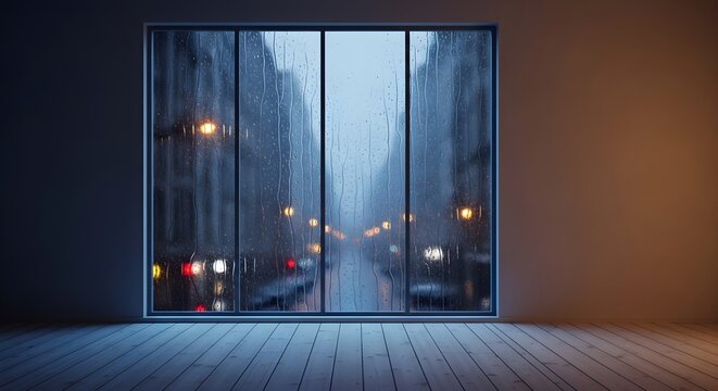 Empty room with large window overlooking a rainy city street