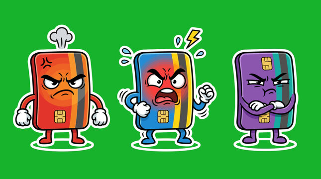 Cartoon Credit Cards Expressing Anger and Frustration on Green Background.