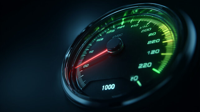 close up speedometer gauge with glowing neon indicator showing high performance speed concept