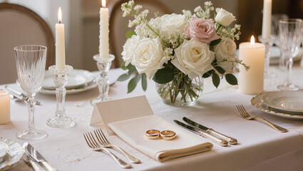 Fototapeta premium elegant wedding reception table setting with white roses bouquet gold wedding rings on linen napkin crystal candlesticks candles and fine dining tableware in soft romantic lighting