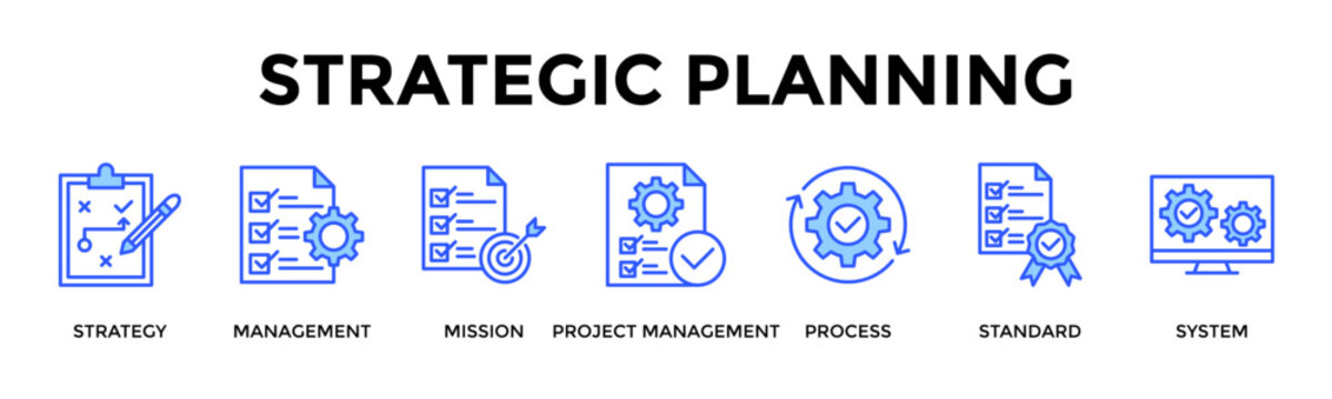 Strategic Planning  Banner Web  Icon Set Collection Pack Vector Illustration Concept Containing Align Strategy And Systems To Execute Plans Efficiently