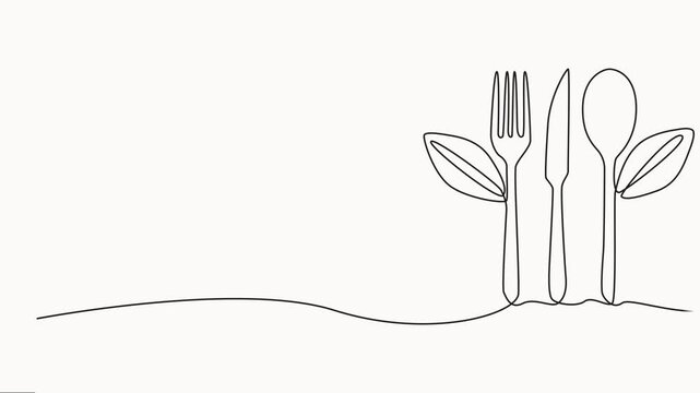 Spoon, fork, knife with leaf continuous one line drawing minimalist style animation video, Continuous single line cutlery pattern for logos, business cards, banners, Full length one line animation.
