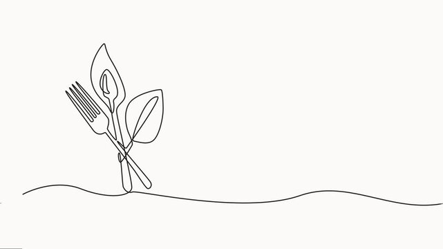 Spoon, fork, knife with leaf continuous one line drawing minimalist style animation video, Continuous single line cutlery pattern for logos, business cards, banners, Full length one line animation.