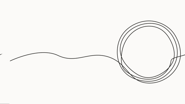 Circle round shape continuous one line drawing on white background minimalist geometric animation video, Single continuous line drawing depicting a circle intersected by a wavy line.