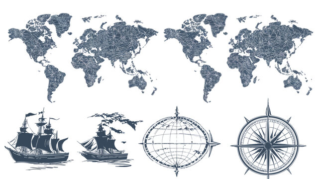 A grayscale illustration featuring a textured world map, ships, compass rose, and an antique globe with lines