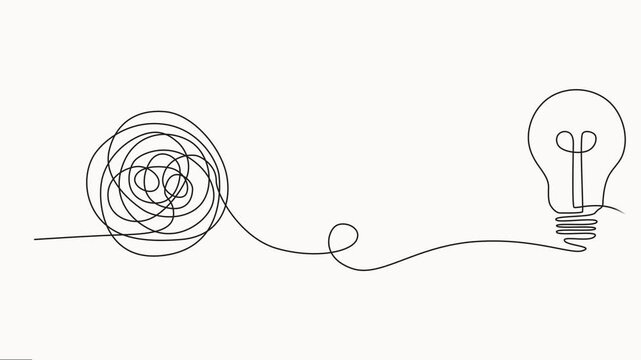 Animated self drawing of unraveling to glowing light bulb animation continuous one line drawing, line drawing of tangled and scribble wires with light bulbs. Concept of complex problem solving process