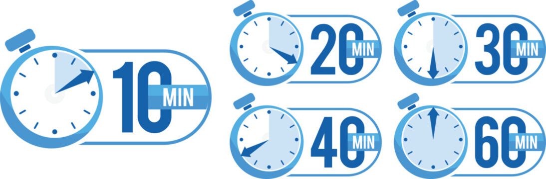 Collection of Blue Stopwatch Timer Icons with 10, 20, 30, 40, 60 Minute Marks