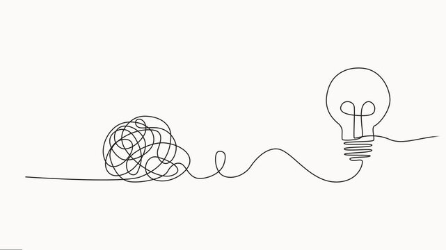 Animated self drawing of unraveling to glowing light bulb animation continuous one line drawing, line drawing of tangled and scribble wires with light bulbs. Concept of complex problem solving process