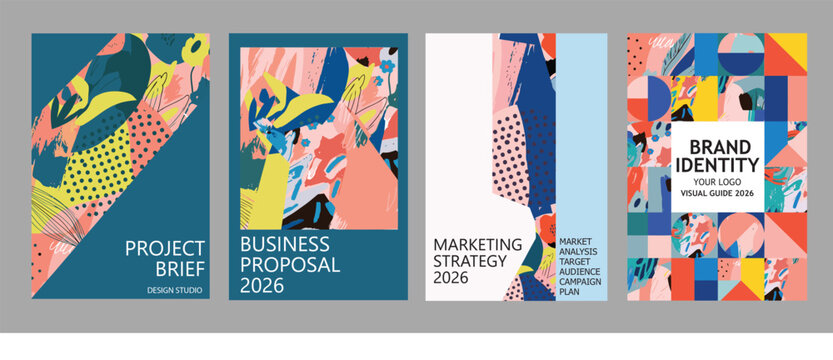Modern creative designs for business documents including brand identity and project briefs