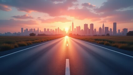 Obraz premium panoramic empty asphalt road with modern city skyline at sunset urban landscape