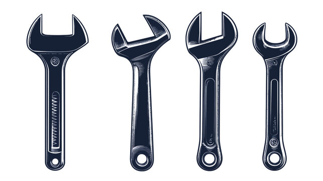 Four dark blue spanner tools on white background, illustrations for mechanics or related projects