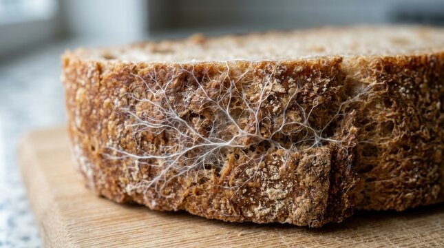 Close-up of moldy bread slices on a wooden cutting board.