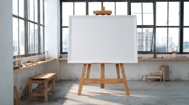 Blank canvas on easel in loft studio
