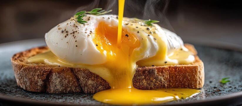 A perfectly poached egg with a runny yolk sits atop toasted bread