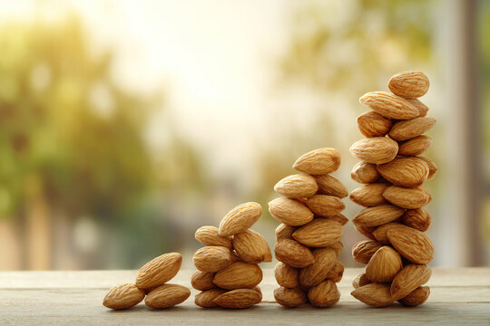 Stacked almonds forming growth bars on wooden table. Almond price increase concept, nut market growth, agricultural trade and commodity investment theme.