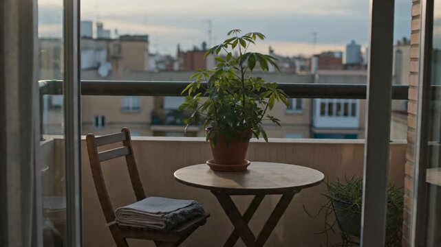 Relaxing Outdoor Balcony Scene with Green Potted Plant, Wooden Table, and Chair Overlooking Urban