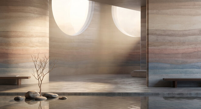 Serene Minimalist Zen Spa Interior with Rammed Earth Walls, Water Pool, and Volumetric Light