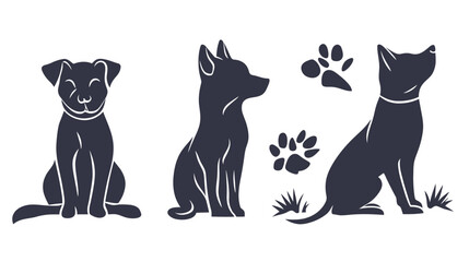 Naklejka premium Collection of stylized dog silhouettes, paw prints, and grass, perfect for design or decoration elements