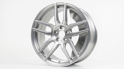 Obraz premium スポーティなメッシュデザインの自動車用シルバーアルミホイール。カスタムやドレスアップパーツのカタログや広告向け白背景商品写真素材