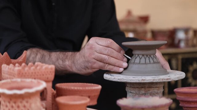 Pottery making, close up on hands decorating