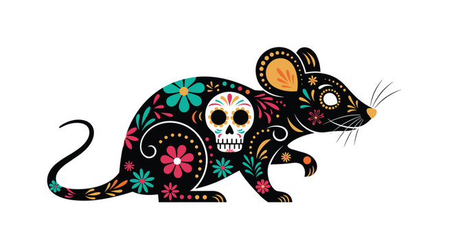 Decorative mouse illustration featuring colorful Mexican folk art patterns and a day of the dead sugar skull on its back with floral designs.